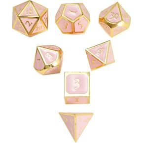 MIYUDAIS Polyhedral Metal Game Dice Cream Pink with Gold Trims 7pc Set for Dungeons and Dragons RPG MTG Table Games D&D Pathfinder Shadowrun and Math Teaching