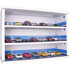 YYDS Toy Cars Display Case for 21 Hot Wheels Cars, Matchbox Cars,1/64 Scale Toy Cars Storage Organizer Case with Clear Acrylic Cover and LED Lighting,Not Including Toy Cars (White)