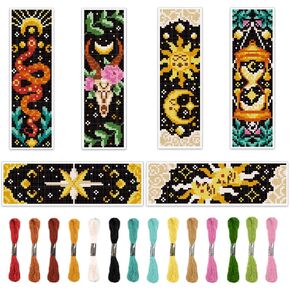 ORIGACH 6 Pcs Cross Stitch Bookmark Kit for Beginner Adults, Tarot The Sun and Star Stamped Embroidery Bookmark Kit with Instruction for Starters Printed Cross Stitch DIY Kits for Book Lovers