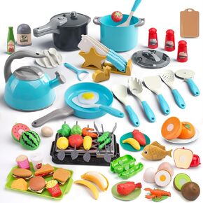 105Pcs Kids Kitchen Toy Accessories, Toddler Pretend BBQ Camping Cooking Playset, Play Pots, Pans, Utensils Cookware Toys, Play Food Set, Vegetables, Learning Gift for Girls Boys