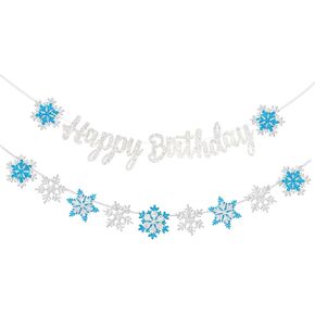 Frozen Snowflake Birthday Decorations Banner Snow Winter Glitter White and Blue Snowflake Happy Birthday Banners for Winter Wonderland Birthday Party Christmas Birthday Party Supplies Favors