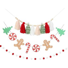 لافتة إكليل شرابة عيد الميلاد مع أكاليل بوم بوم لشجرة حلوى عيد الميلاد لافتة قصب للتعليق على الحائط ديكور المنزل in Kuwait