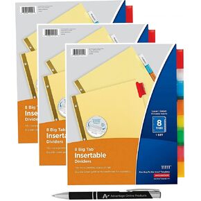 Avery Big Tab Insertable Dividers Buff Paper, 8 Multicolor Tabs, Pack of 3 Sets (11111) with Bonus AdvantageOP Custom Retractable Pen