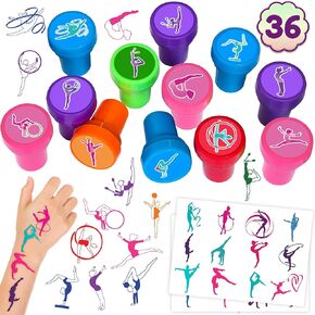 36PCS Gymnastic Party Favors 24 Tattoos Sticker 12 Stamp Set - Ideal Gymnastics Themed Birthday Decor Supplies Goodie Bag, Classroom Gifts, Cute Rewards for Girls, Baby Shower Prizes Multicolor