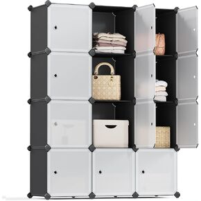 SONGMICS Cube Storage Organizer, Set of 12 Plastic Cubes, Closet Storage Shelves, DIY Plastic Closet Cabinet, Modular Bookcase, Shelving with Doors for Bedroom, Living Room, Black and White ULPC34HV1
