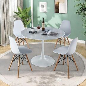 Dining Table Set,5-Piece Dining Set with a Circular Table & 4 Plastic Chairs,42.1" Table with Round MDF Table Top & Metal Round Base,Dining Chairs with Plastic Back Seat & Wood Legs,White