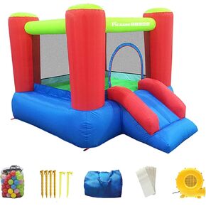 PicassoTiles KC106 8 × 7 قدم حارس قابل للنفخ للصغار، حديقة أطفال، منزل القفز، منزل لعب منزلق مع 50 كرة حفرة، حماية شبكية من 3 جوانب، ومنفاخ بقوة 385 وات معتمد من GFCI ETL