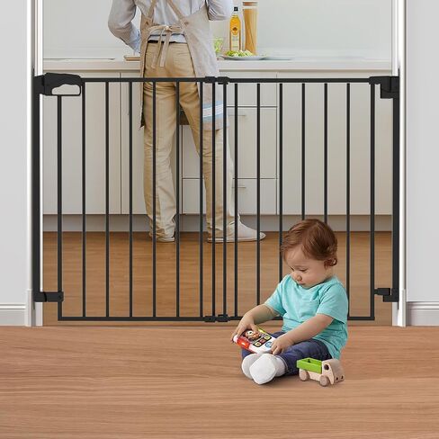 28-43" No Bottom Bar Baby Gate for Stairs, Hardware Mounted Dog Gate, Safety Pet Gates with Large Walk Thru Door, Auto-Close Two-Way Swing Safety Gate for House, Hallways, and Doorways, Black in Saudi Arabia