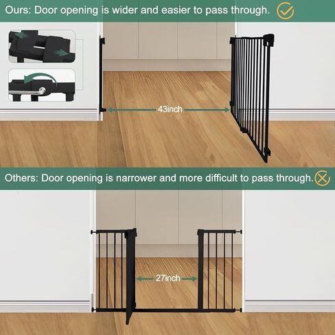 28-43" No Bottom Bar Baby Gate for Stairs, Hardware Mounted Dog Gate, Safety Pet Gates with Large Walk Thru Door, Auto-Close Two-Way Swing Safety Gate for House, Hallways, and Doorways, Black in Saudi Arabia