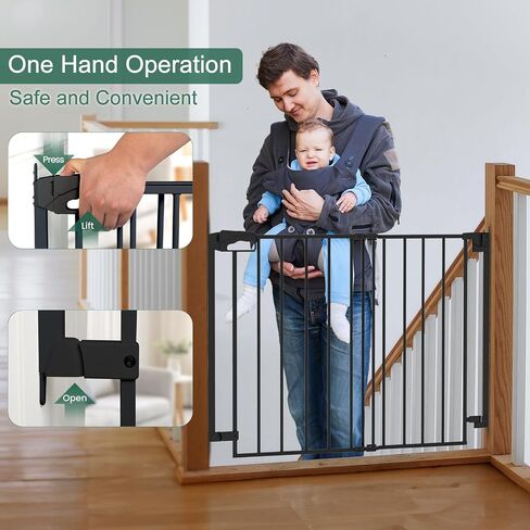 28-43" No Bottom Bar Baby Gate for Stairs, Hardware Mounted Dog Gate, Safety Pet Gates with Large Walk Thru Door, Auto-Close Two-Way Swing Safety Gate for House, Hallways, and Doorways, Black in Saudi Arabia