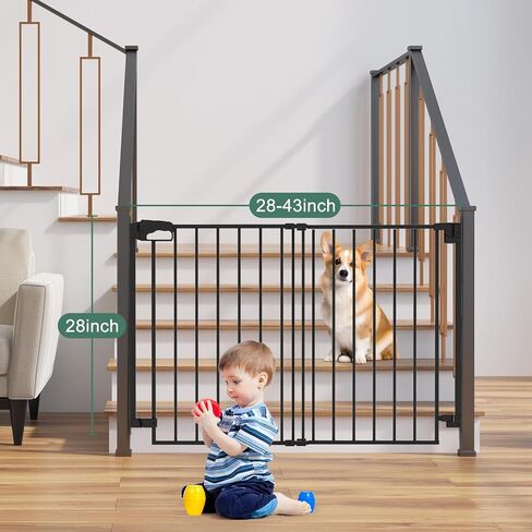 28-43" No Bottom Bar Baby Gate for Stairs, Hardware Mounted Dog Gate, Safety Pet Gates with Large Walk Thru Door, Auto-Close Two-Way Swing Safety Gate for House, Hallways, and Doorways, Black in Saudi Arabia