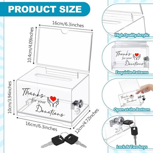 Havawish Clear Donation Box with Lock, 6.3 x 4.72 x 3.94 Inches Acrylic Box Storage Container with Sign Cash Drop Box with 2 Keys for Fundraising Thanks for Your Donations Jar for Church Office in Kuwait