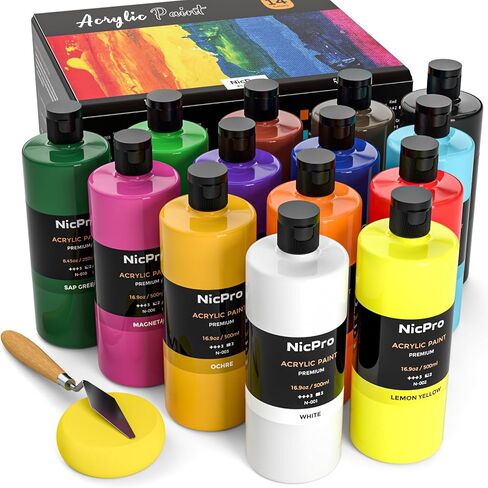 Nicpro 14 Colors Large Bulk Acrylic Paint Set (16.9 oz,500 ml) Rich Art Painting Supplies, Non Toxic for Multi Surface Canvas Wood Leather Fabric Stone Craft, for Kid & Adult with Color Wheel in Saudi Arabia