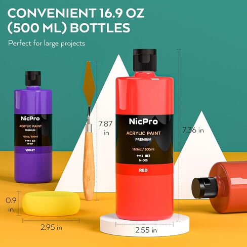 Nicpro 14 Colors Large Bulk Acrylic Paint Set (16.9 oz,500 ml) Rich Art Painting Supplies, Non Toxic for Multi Surface Canvas Wood Leather Fabric Stone Craft, for Kid & Adult with Color Wheel in Saudi Arabia
