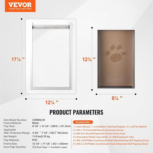 VEVOR 3-Flap Pet Door for Wall, Metal Frame with Lock, Energy-Efficient Insulated Pet Door, Easy to Install in Interior or Exterior Walls, Dog Door for Small Dogs (White-Small) in Saudi Arabia