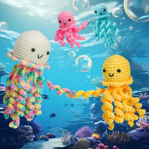Crochetobe Crochet Kit for Beginners, Crochet Start Kit includes Easy to Follow Instructions and Video Tutorials, Complete Crochet Animal Kit for Adults Kids, 4 PCS Cute Crochet Jellyfish in Kuwait