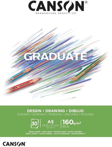 CANSON Graduate White Drawing 160gsm A5 Paper, Light Grain, Pad Glued Short Side, 30 Bright White Sheets, Ideal for Student Artists in Kuwait