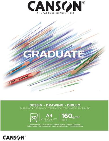 CANSON Graduate White Drawing 160gsm A5 Paper, Light Grain, Pad Glued Short Side, 30 Bright White Sheets, Ideal for Student Artists in Kuwait