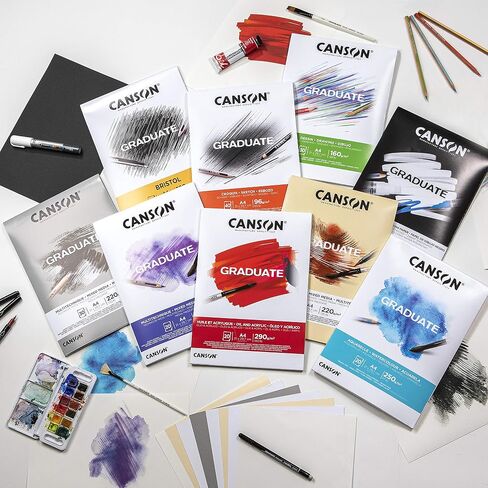 CANSON Graduate White Drawing 160gsm A5 Paper, Light Grain, Pad Glued Short Side, 30 Bright White Sheets, Ideal for Student Artists in Kuwait