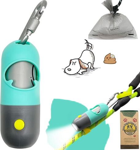 Dog Poop Bag Dispenser with Flashlight|Dog Poop Bag Holder with Leash Clip|Hands-Free Leash Poop Bag Holder with Straps and 1 Roll Dog Waste Bags (Crystal Blue) in Kuwait