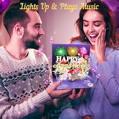 Anniversary Card, Music & Light Pop up Valentine's Card with Fireworks Flowers Gifts for Him Her Husband Wife Couple-Purple in Kuwait