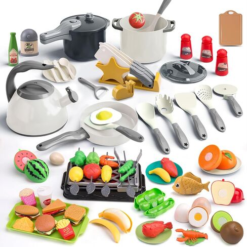 105Pcs Kids Kitchen Toy Accessories, Toddler Pretend BBQ Camping Cooking Playset, Play Pots, Pans, Utensils Cookware Toys, Play Food Set, Vegetables, Learning Gift for Girls Boys in Saudi Arabia