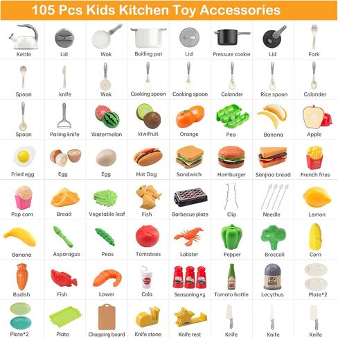105Pcs Kids Kitchen Toy Accessories, Toddler Pretend BBQ Camping Cooking Playset, Play Pots, Pans, Utensils Cookware Toys, Play Food Set, Vegetables, Learning Gift for Girls Boys in Saudi Arabia
