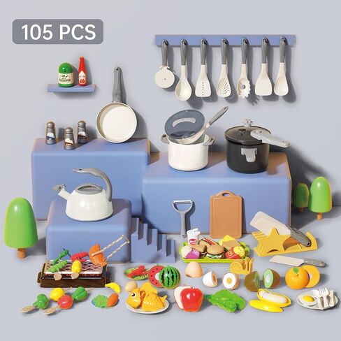 105Pcs Kids Kitchen Toy Accessories, Toddler Pretend BBQ Camping Cooking Playset, Play Pots, Pans, Utensils Cookware Toys, Play Food Set, Vegetables, Learning Gift for Girls Boys in Saudi Arabia