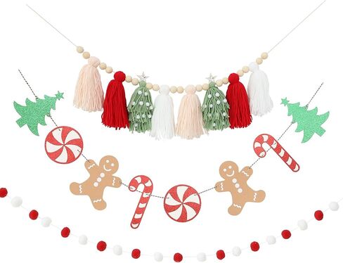 Christmas Tassel Garland Banner with Pom Pom Garlands Christmas Candy Tree Cane Banner for Wall Hanging Home Decor in Kuwait