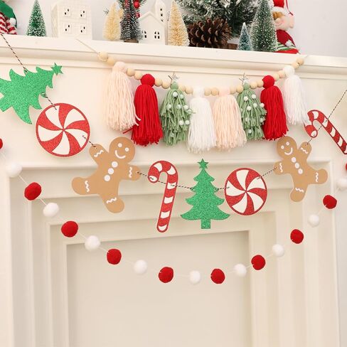 Christmas Tassel Garland Banner with Pom Pom Garlands Christmas Candy Tree Cane Banner for Wall Hanging Home Decor in Kuwait