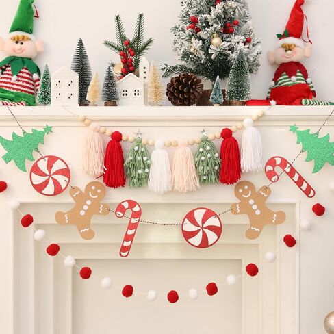 Christmas Tassel Garland Banner with Pom Pom Garlands Christmas Candy Tree Cane Banner for Wall Hanging Home Decor in Kuwait
