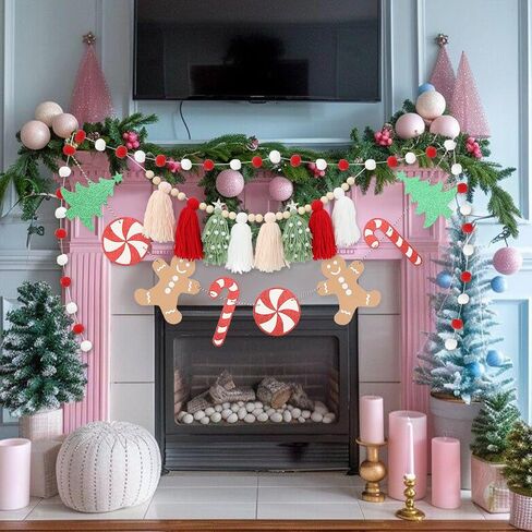Christmas Tassel Garland Banner with Pom Pom Garlands Christmas Candy Tree Cane Banner for Wall Hanging Home Decor in Kuwait