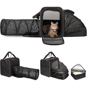 Portable Cat Travel Carrier - Collapsible Cat Carrier with Litter Box, Large Pet Carrier for Car Travel with Mesh Tunnel, Up to 25 lbs for Travel Hiking Camping Outdoor (Grey)