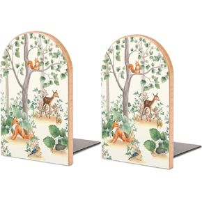 Book Ends Bookends for Shelves to Hold Books Woodland Animals Boho Art Print Small Non-Slip Book Stoppers Wood Decorative Home Office Desk