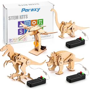 Poraxy Dinosaur Toys, 4 in 1 STEM Kits for Kids Age 8-10, Toys for Ages 8-13, Educational Science Building Projects, 3D Wooden Puzzles Robot Crafts, Gifts for Boys Girls 7 8 9 10 11 12 13 Year Old