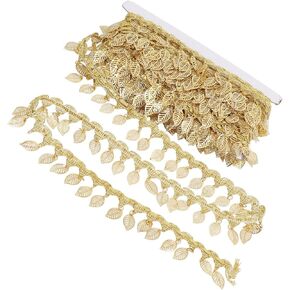 Tassel Chain, Gold Leaf Garland 10 Yards Sparkling Metal Leaf Ribbon Trim for DIY Trim Decorations (Hollow Leaf Shape)