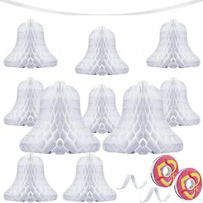10 Pcs Wedding Bells Hanging Honeycomb Wedding Decorations Bridal Honeycomb Bells Decorating Supplies with 2 Rolls Ribbon for Reception for Weddings, Parties, 7.9 Inch,11.8 Inch(White)