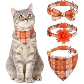 Breakaway Cat Collar with Bow Tie and Bell, Cute Flower & Bandana, 3 Pack Safety Buckle Kitten Collars, Adjustable Pet Collar for Girl Boy Cats Puppy