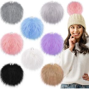 SIQUK 8 Pieces Faux Fur Pom Pom for Hats, 6 Inch Large Faux Fur Pom Pom Fluffy Pom Pom Balls with Elastic Loop for Crafts Gloves Scarves Knitting Accessories