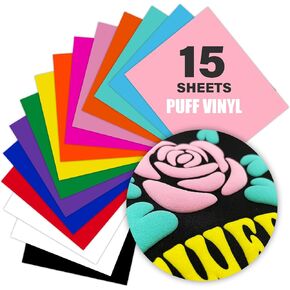 12" x 10" Iron-On 3D Puff Heat Transfer Vinyl Sheets - Pack of 15, 3D Puff Vinyl for DIY T-Shirts & Fabrics, Easy Cut & Weed, Durable Vinyl for Heat Press Assorted Color Puff HTV Sheets