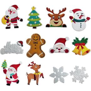 12 Pcs Christmas Iron on Patches Winter Xmas Embroidered Sew Applique Repair Patch for Clothes, Backpacks, Hats Santa Claus Snowman Snowflake Elk Christmas Tree Gingerbread Man Designs Iron on Patch