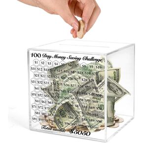 Piggy Bank for Adults, Unbreakable Piggy Bank, Clear Acrylic Money Box, 100 Day Money Saving Challenge Box for Cash Coin, Must Break to Open, Easy and Fun Way to Save $5,050