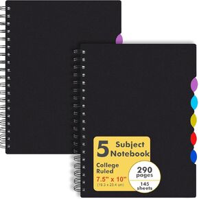 EOOUT 2 Pack Multi Subject Notebook, Spiral Notebook College Ruled with Tabs, 7.5"×10", Lined Journals with Dividers, 290 Pages, for Gifts, School Office Supplies