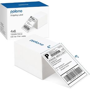 POLONO Genuine 4" x 6" Direct Thermal Shipping Label, Thermal Label (Pack of 500), Perforated Fanfold Labels Compatible with POLONO PL60 and PL70E Label Printer, BPA & BPS Free, Commercial Grade