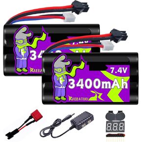 3400mAh 7.4V Li-ion Battery with SM2P Plug,2S High Capacity Fit for RACENT RC Cars M60 M26 M1A2 TJ110 78504-2 78504-2G 78504-3 Deans T Switch Cable