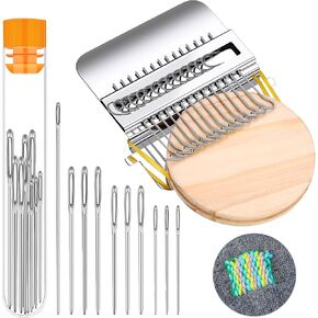 Luinabio Darning Mini Loom Machine 14 Hooks Small Speedweve Weaving Loom and 9 Yarn Knitting Needles Hand DIY Craft Weaving Repair Tool for Jeans, Socks Clothes(Classic Color)