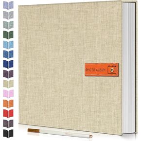 Photo Album Self Adhesive Scrapbook Album,Photo Book for 4x6,5x7,8x10 Pictures,DIY Linen Cover Album for Baby Wedding Family,with Metallic Pen and Scraper