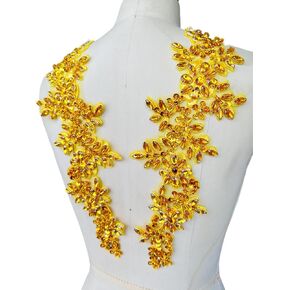 Handmade Rhinestones on lace Applique Sewing Beads Sequins Trim Patches for Wedding Dress Accessories 1 Pair/Bag