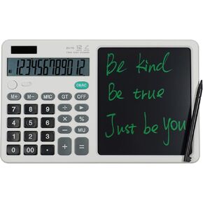 Desk Calculator Large Display with 7'' Erasable Writing Pad, 12 Digits Large Screen Display Jumbo Calculadora, Solar & Battery Powered Big Button Calculators for Business Office School, White
