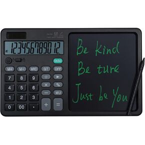 Desk Calculator Large Display with 7'' Erasable Writing Pad, 12 Digits Large Screen Display Jumbo Calculadora, Solar & Battery Powered Big Button Calculators for Business Office School, Black